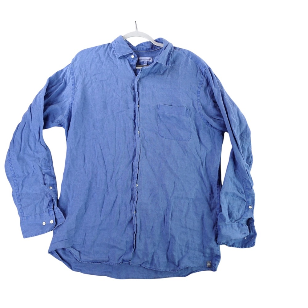 Peter Millar Button Up Shirt Mens L Blue 100% Linen Long Sleeve Casual Pocket